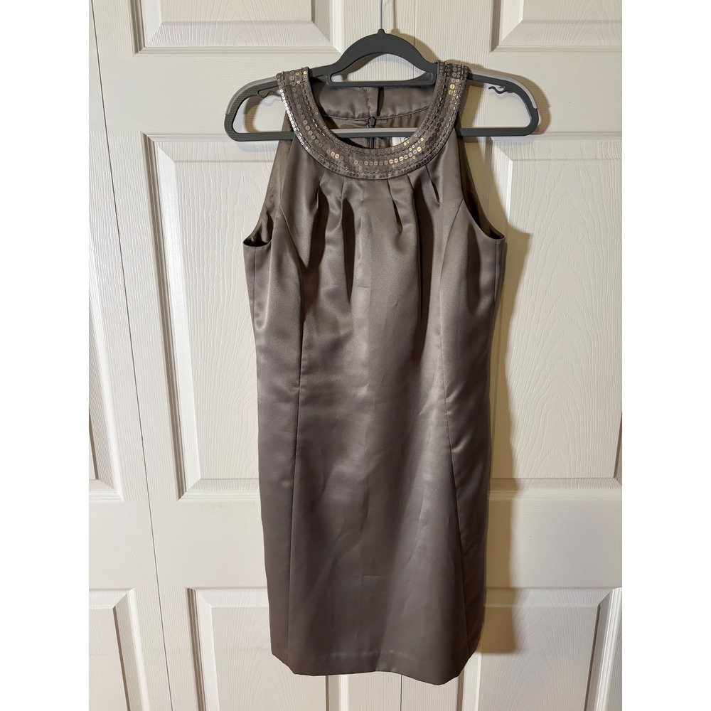 Ann Taylor Loft Sequin Jewel Neck Satin Cocktail Dress Taupe Grey Size 8